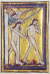 Adam und Eva werden aus dem Paradies vertrieben, aus einem Buch der Bibelbilder, ca. 1250